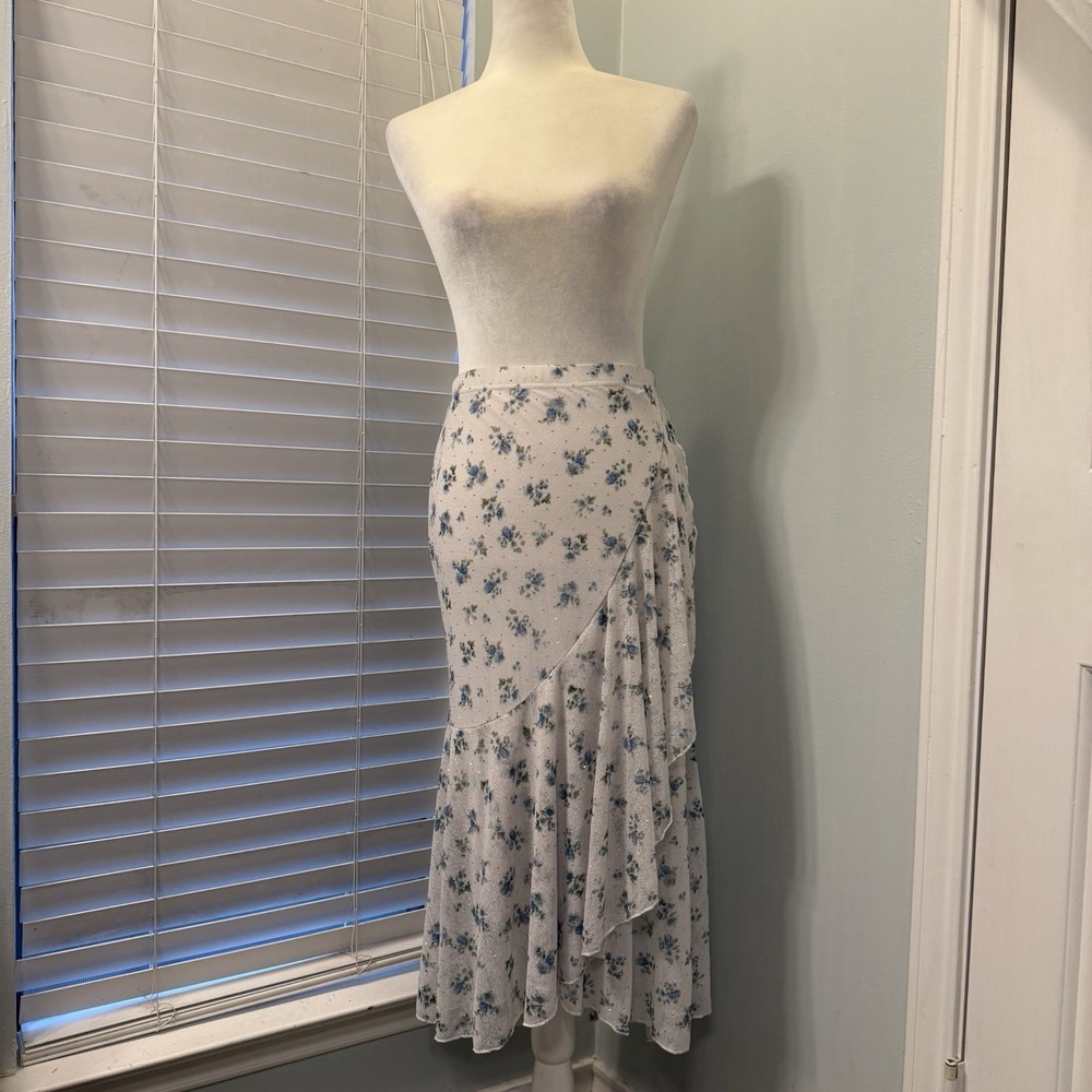 Luna Tiered Midi Skirt‎ Size Petite Med Mesh Floral Boho Whimsical 90s Y2K Fairy